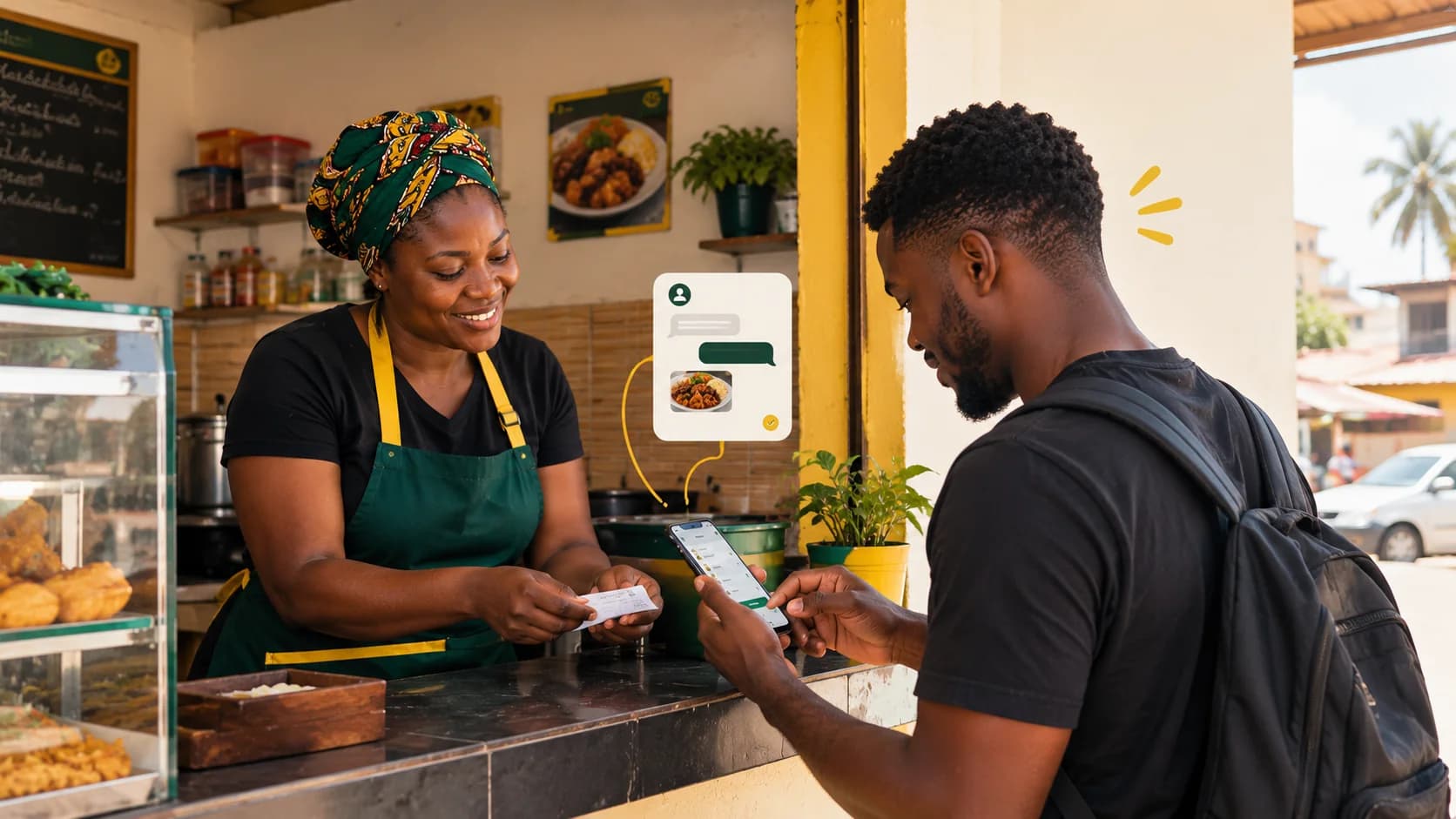 Cantina em Luanda — cliente faz pedido pelo link, conversa no WhatsApp
