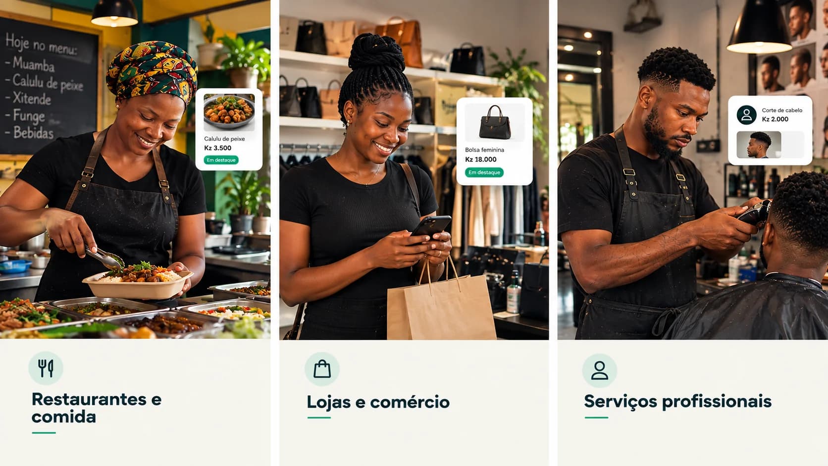 Três negócios angolanos — Restaurantes e comida, Lojas e comércio, Serviços profissionais